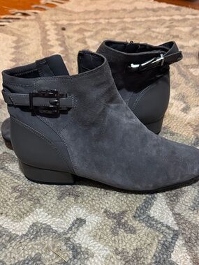 Women's Grey Suede Ankle Boots with Buckle Detail